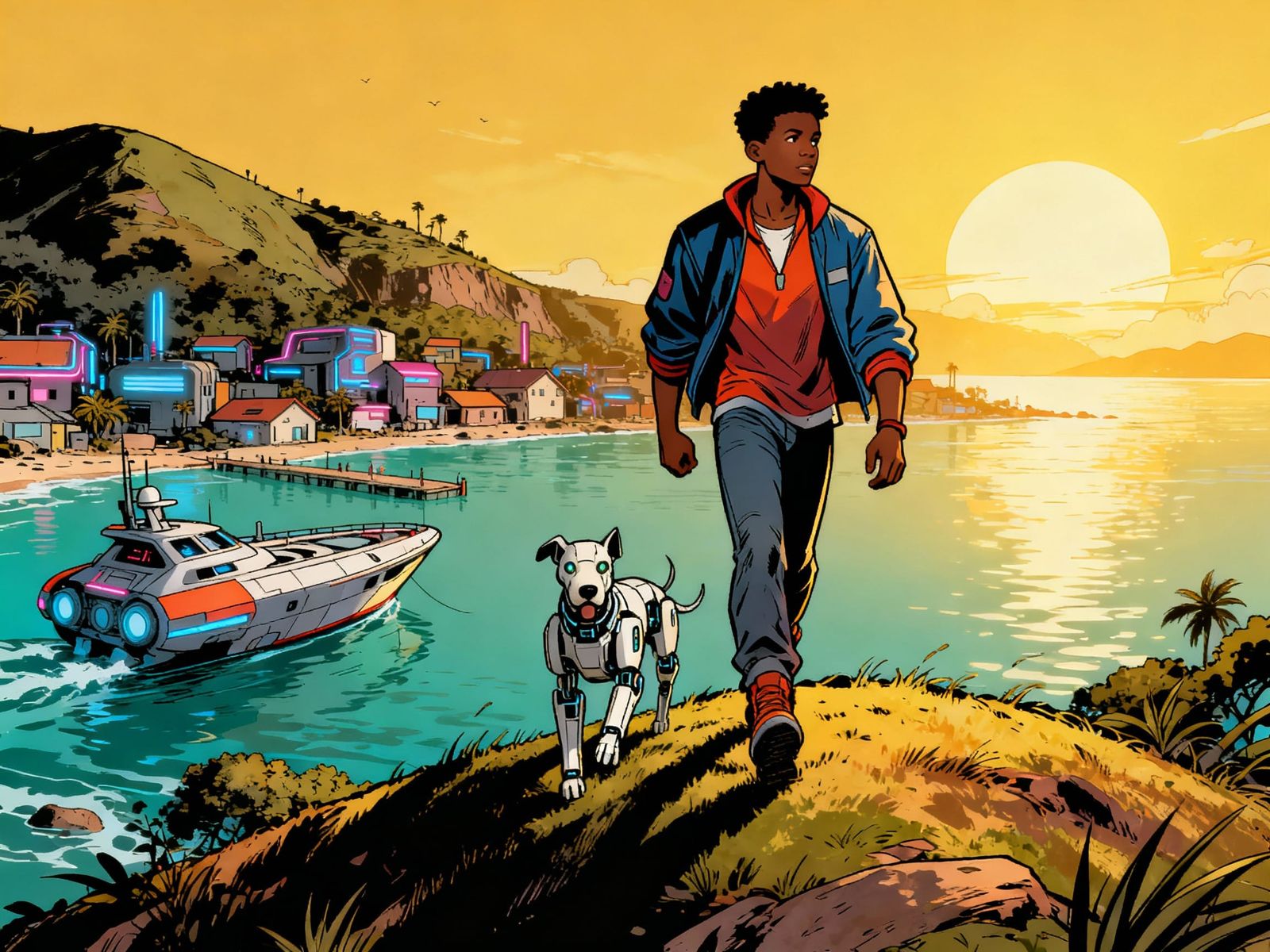 Man and Robotic Dog Overlooking Cyber Coastal Town