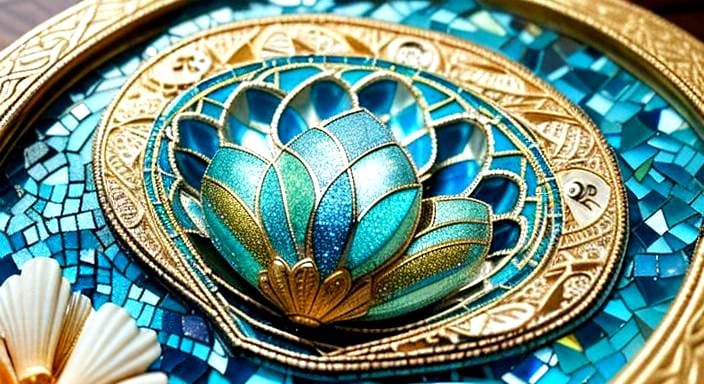 Seashell Mosaic Portrait in Gold and Blue