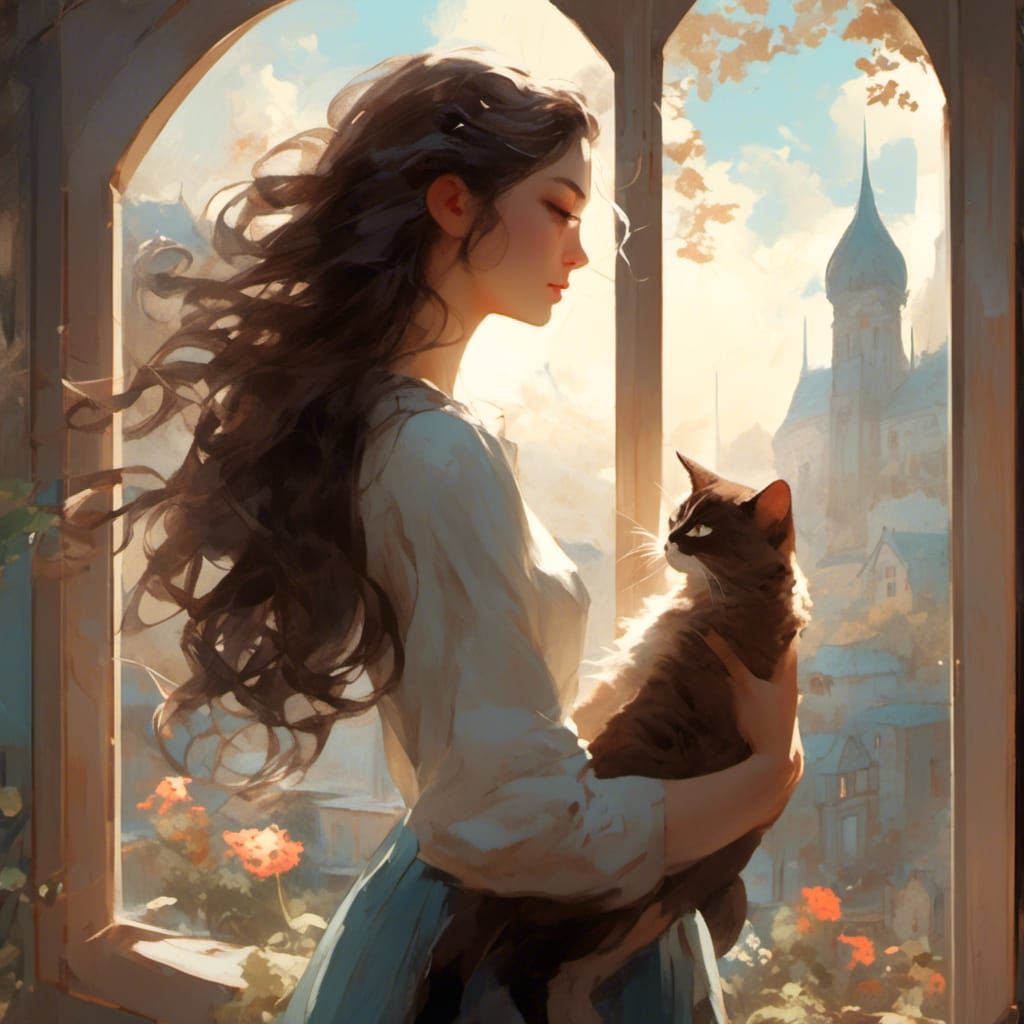 Pensive Woman with Cat at Window