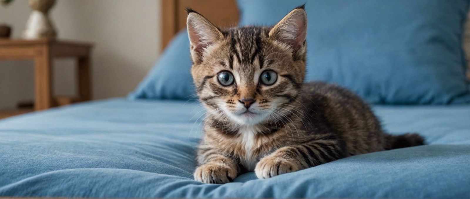 Playful Kitten on a Blue Bed