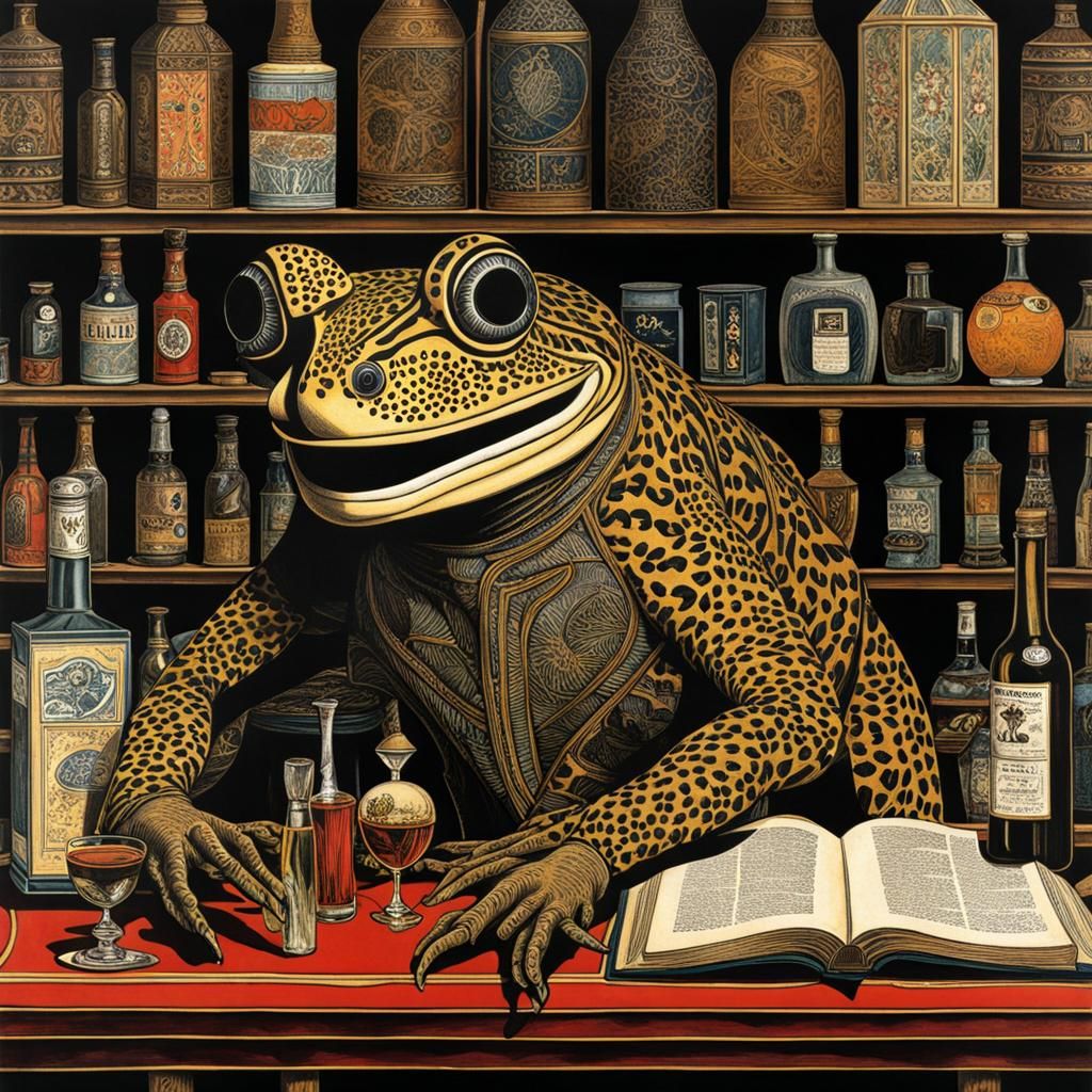 Leopard Frog Bartender in Patchwork Collage Style