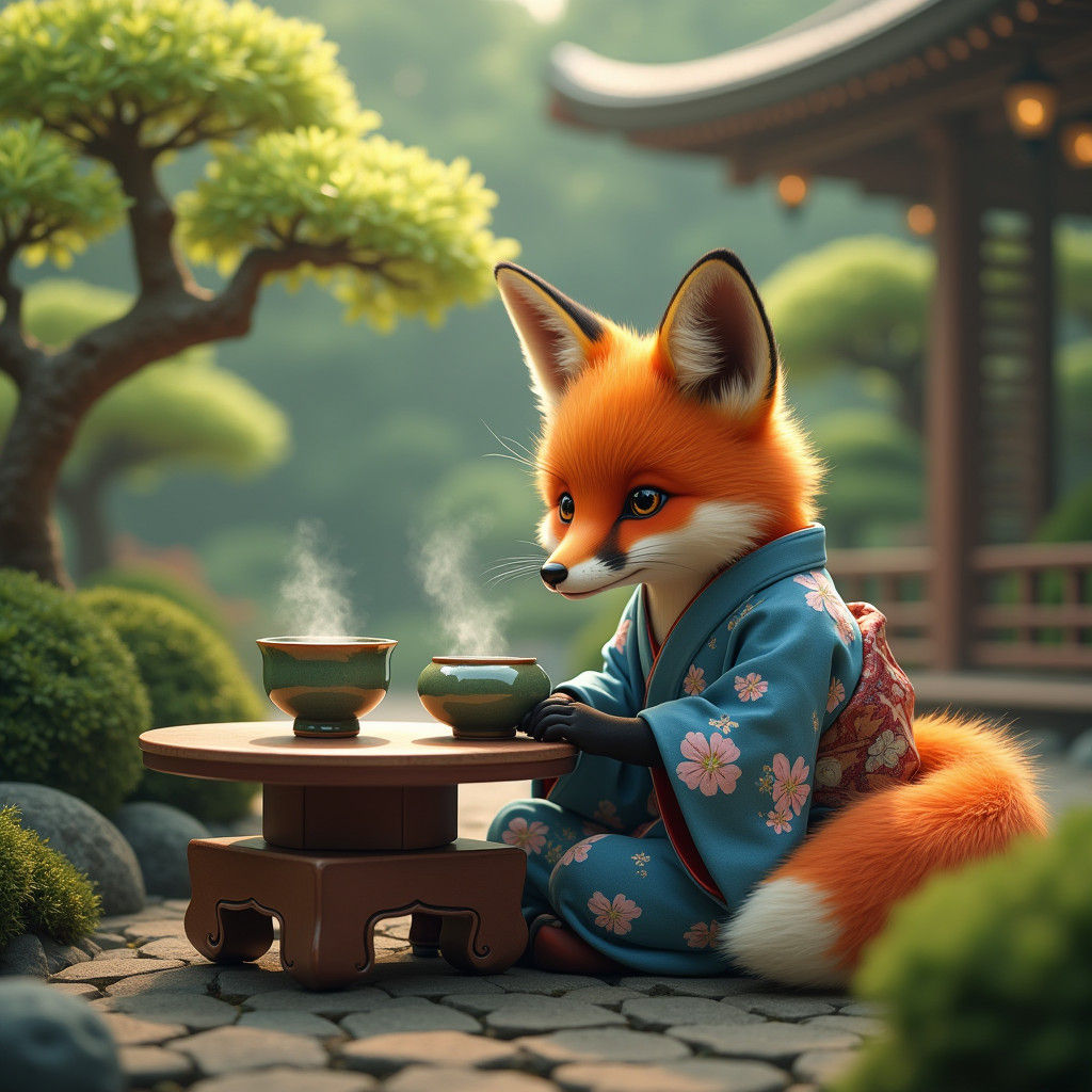 Fox in Kimono Sipping Tea in Japanese Garden