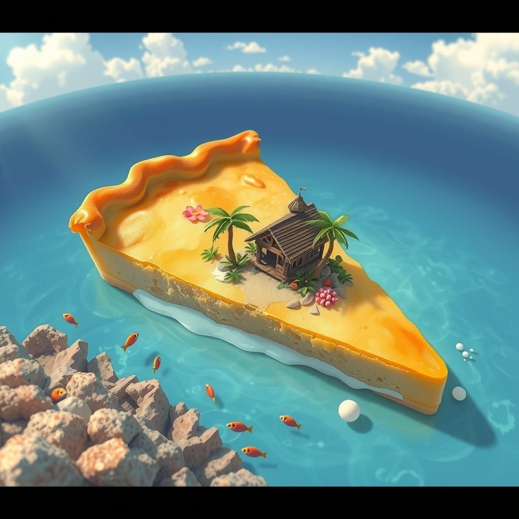 Pie Slice Island in Crystal Sea, Dreamlike Surreal Scene