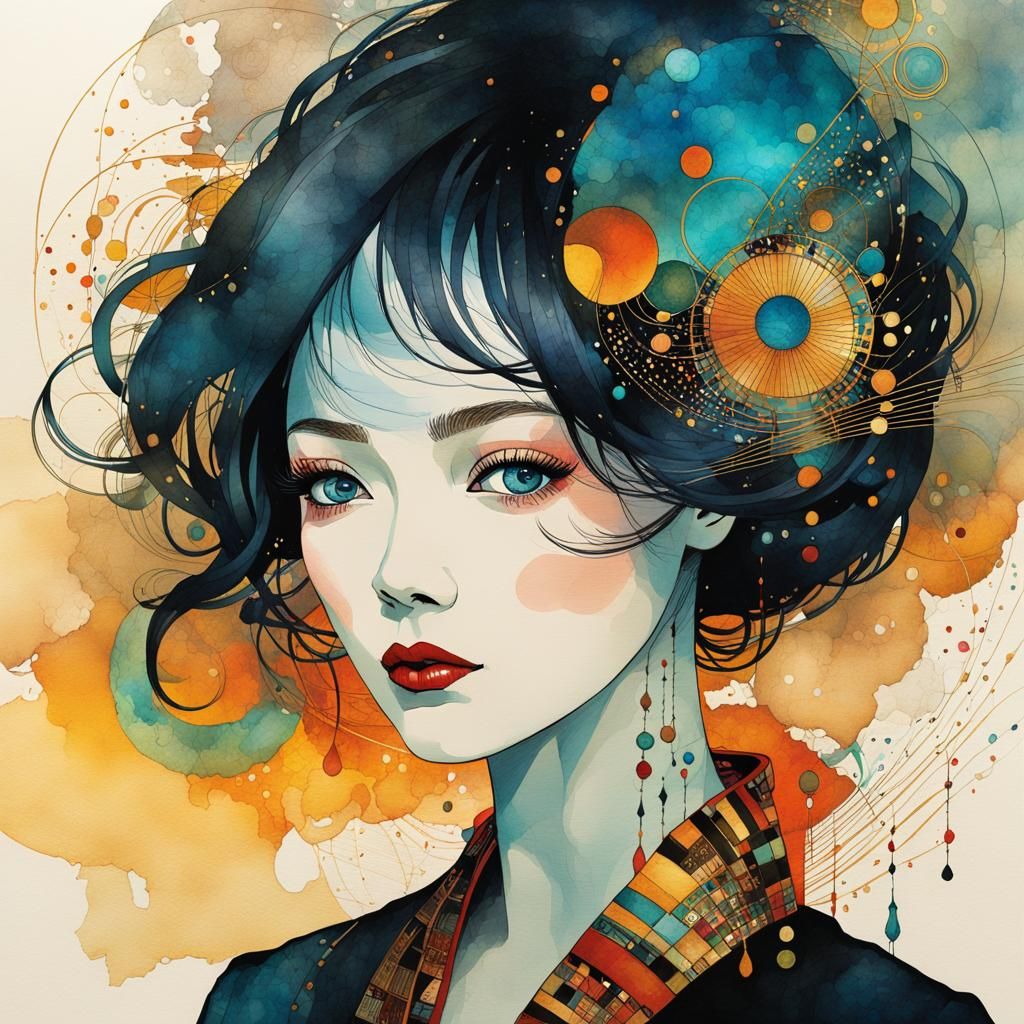 Surreal Poetess Portrait in Alcohol Ink and Watercolor