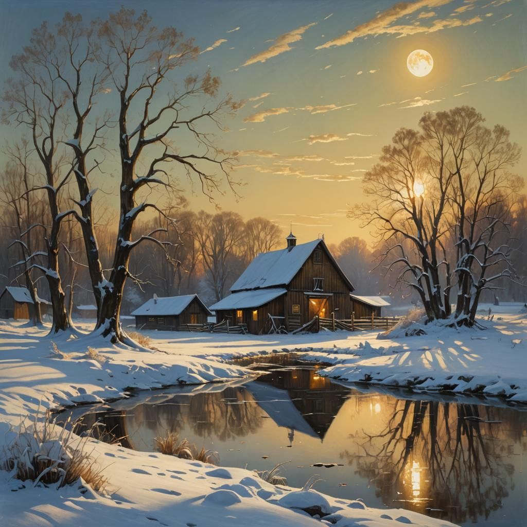 Winter Moonrise Landscape in Golden Hour Illumination
