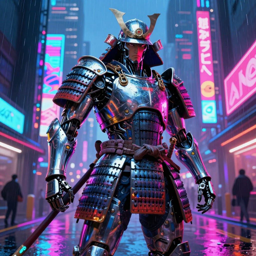 Cybernetic Samurai Warrior in Neon Metropolis