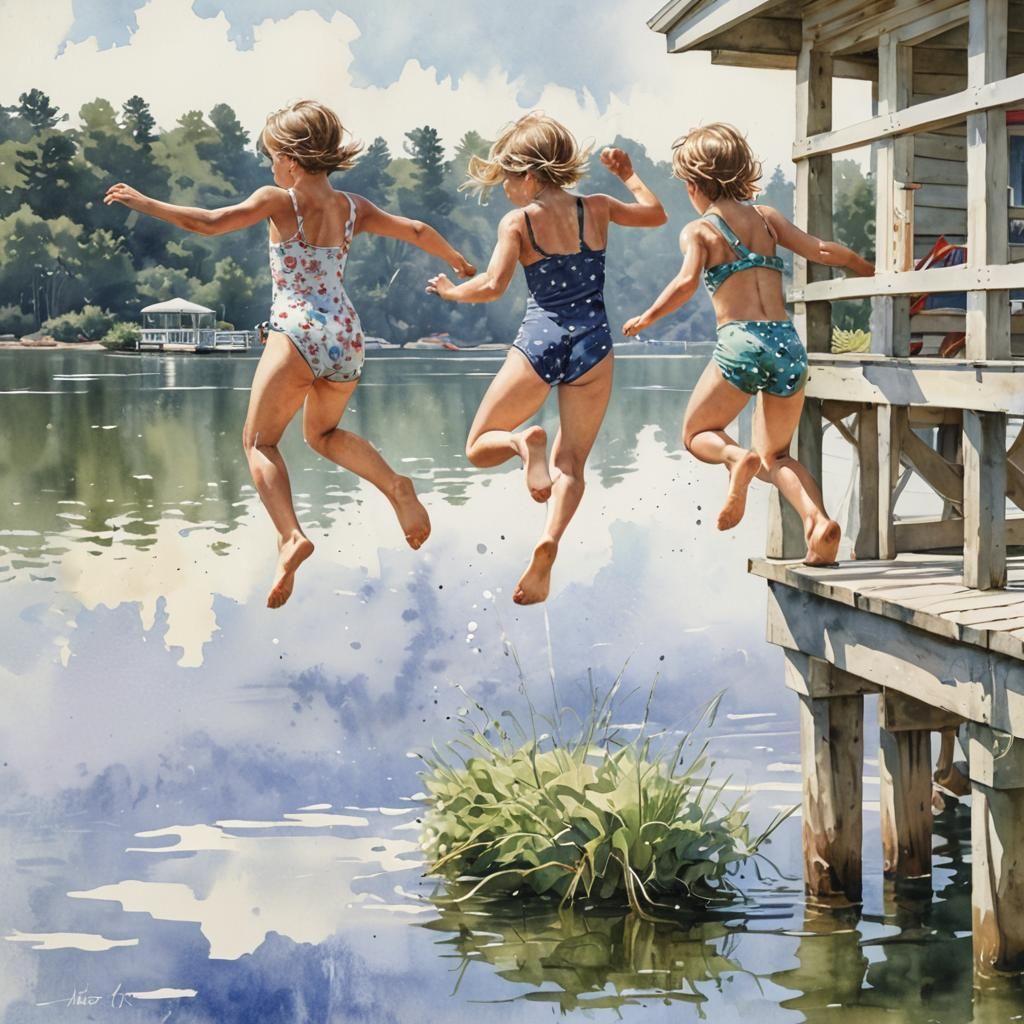 Children Leap into Lake: Watercolor Summer Illustration