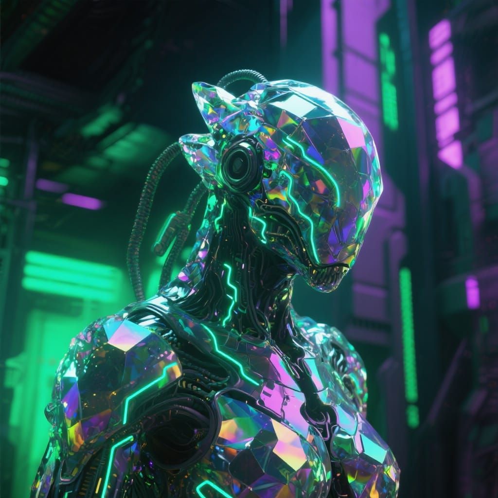 Cyberpunk AI Creature with Iridescent Skin and Neon Circuits