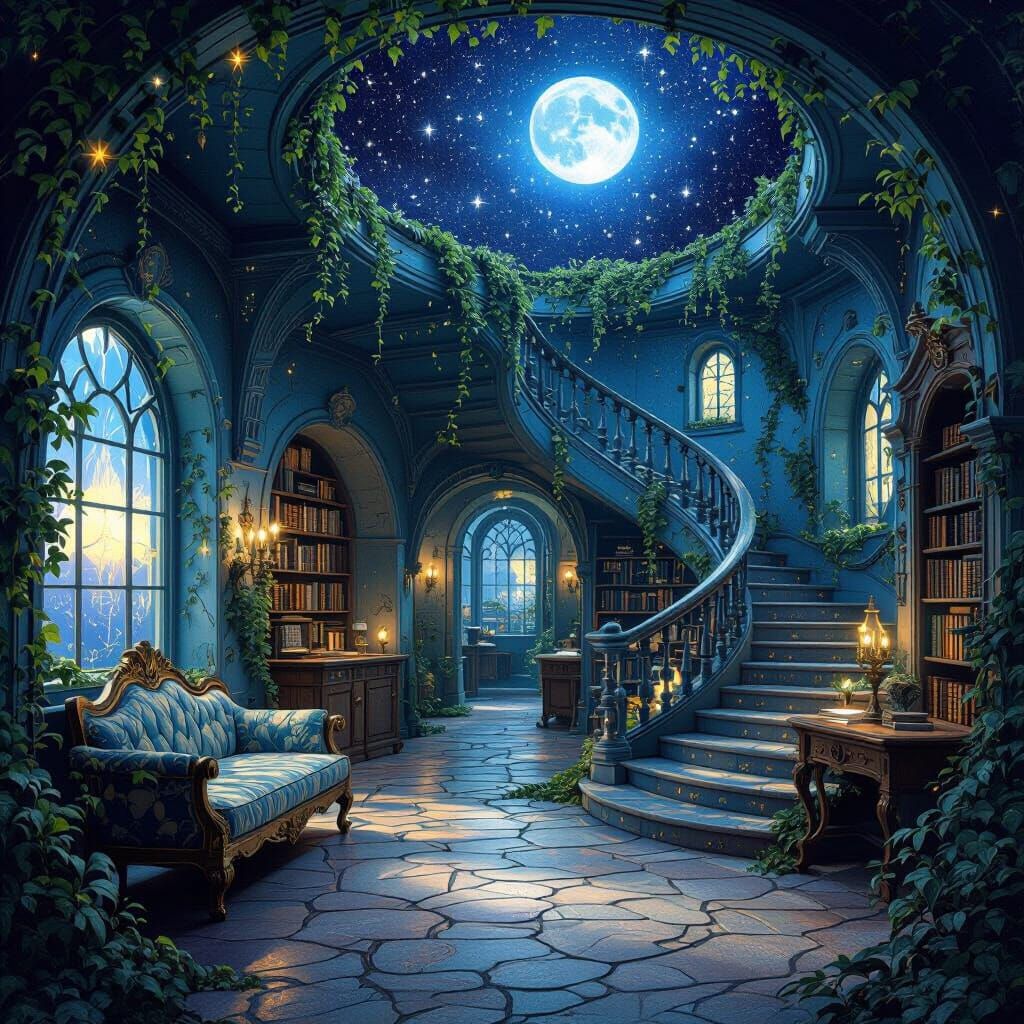 Fantastical Surrealist Interior with Starry Skies and Living...