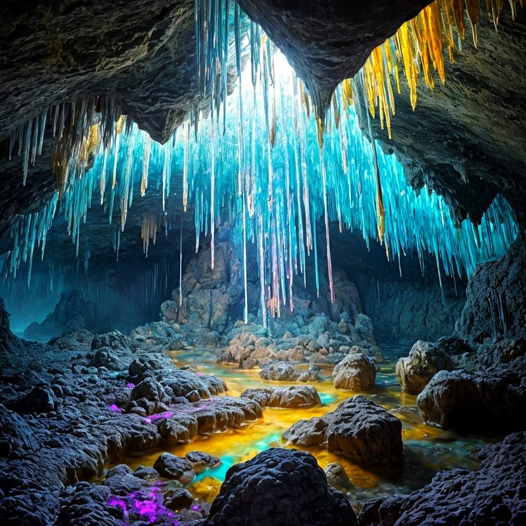 Enchanted Cave with Vibrant Stalactites and Stalagmites