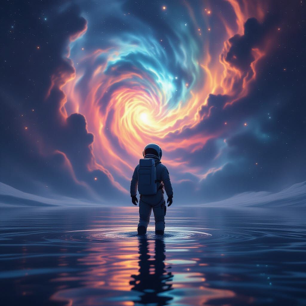 Astronaut Adrift in Cosmic Void Reflecting Nebula