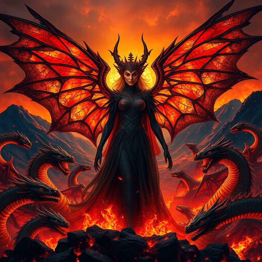Fiery Queen with Molten Wings and Dragons