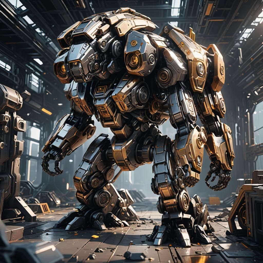 Detailed Sci-Fi Mecha Render in Polished Metal