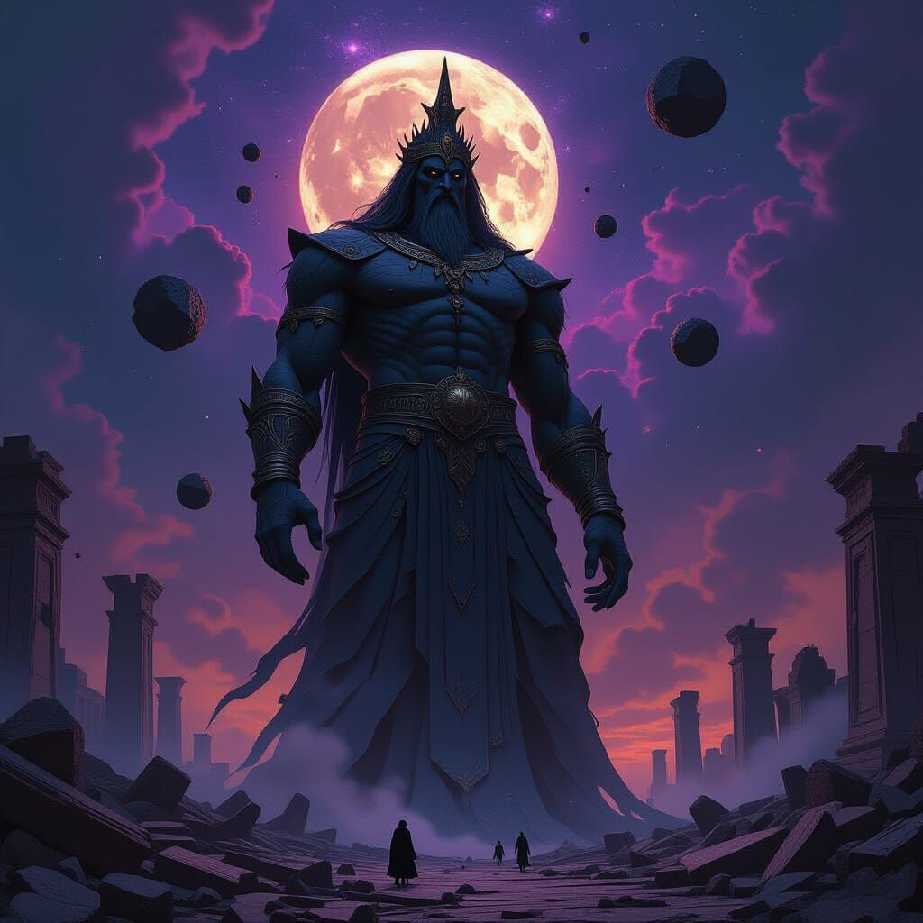 Ancient Deity Amidst Cosmic Ruins in Gothic Horror Style
