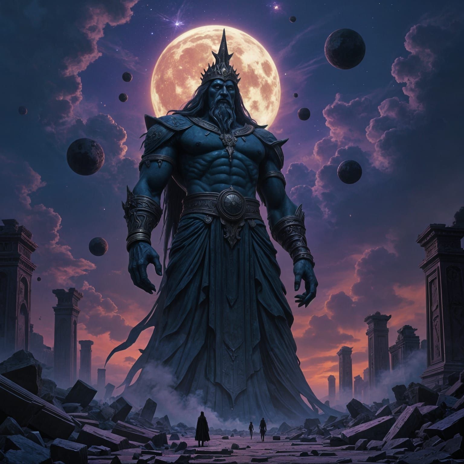 Ancient Deity Amidst Cosmic Ruins in Gothic Horror Style