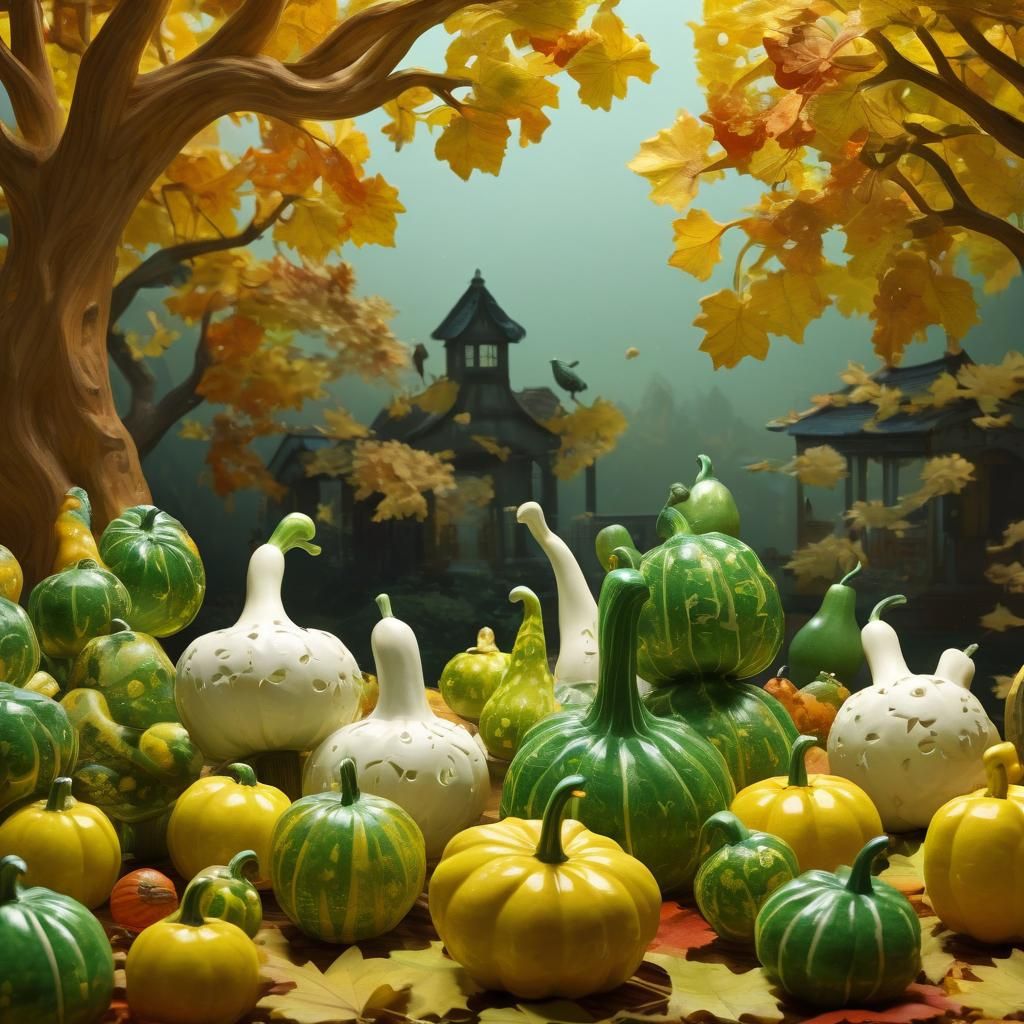 Gourd Figurines Dance in Autumnal HD Scene