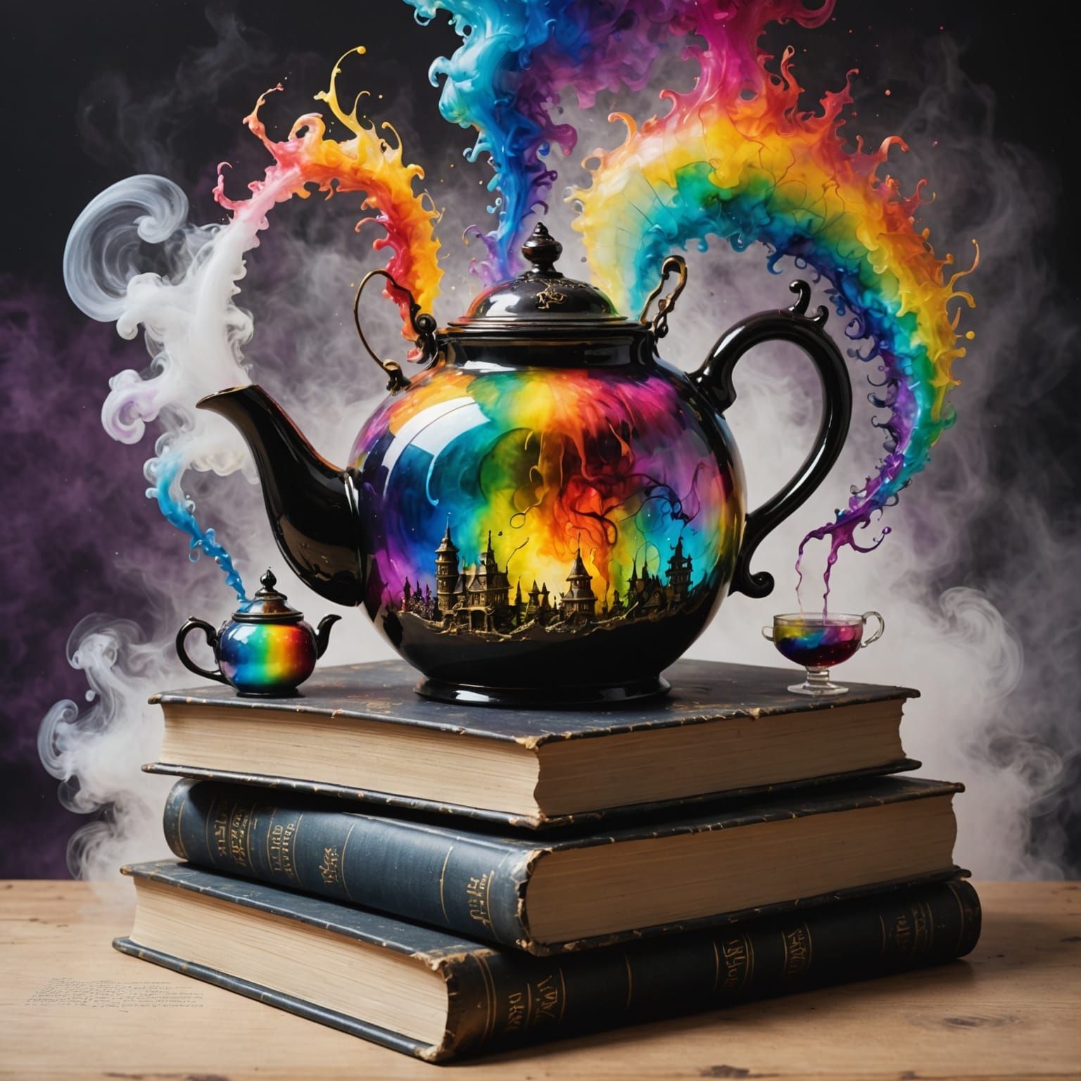 Sentient Oil Slick Teapot on Books with Rainbow Fairies