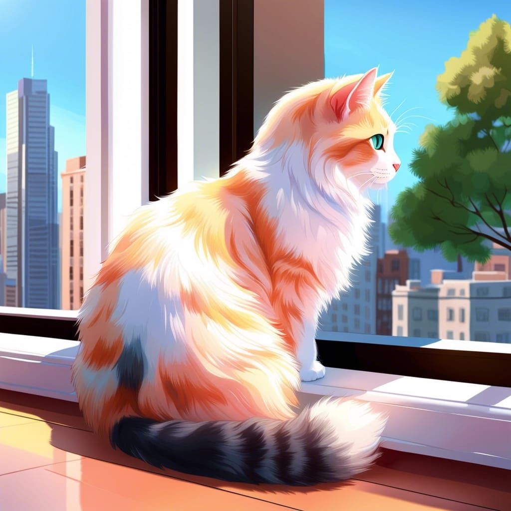 Pastel Cat Overlooking Cityscape in Photorealistic CG Art