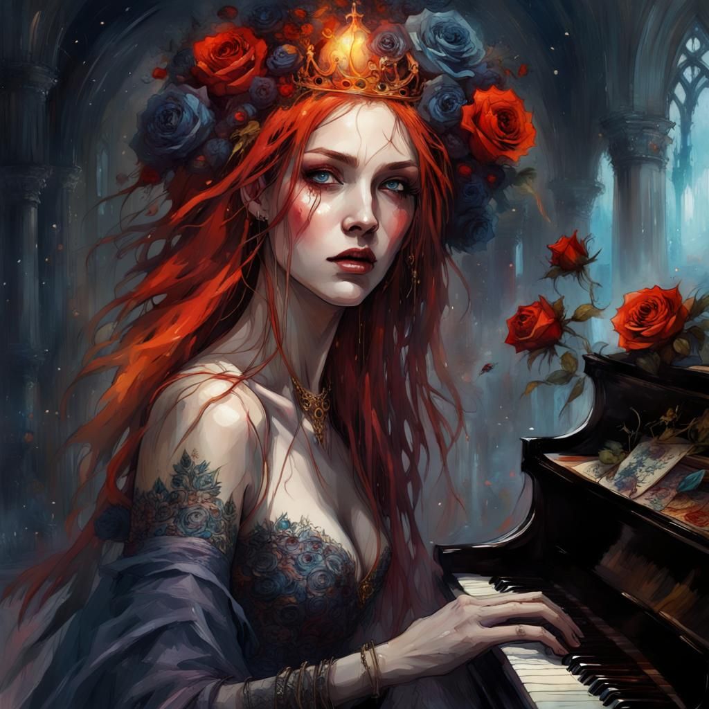 Gothic Vampire Queen Plays Piano in Dark Fantasy Style