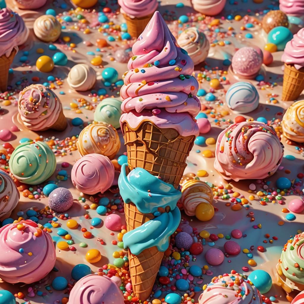 Colorful Ice Cream Cone in Candy Land: Digital Art