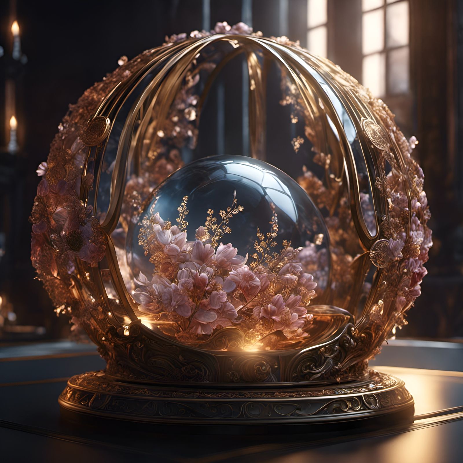 Glass Globe Filled with Roses Inside a Golden Cage Embellished with Climbing Flowers