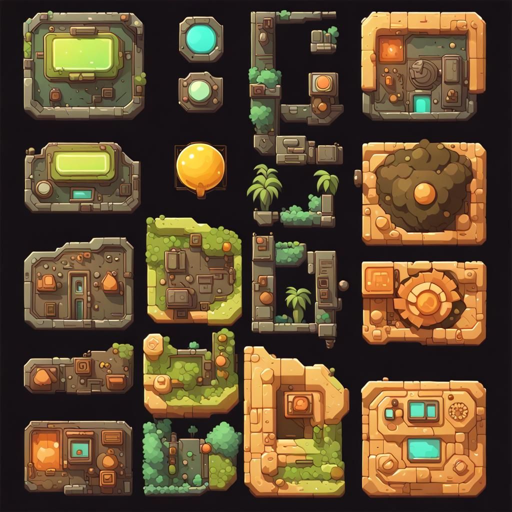 Groovy Solarpunk Modular Tilemap Art in Retro Style