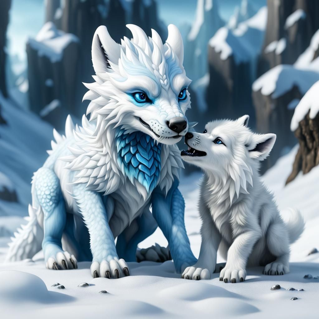 Dragon and Wolf Cub Play on Tundra
