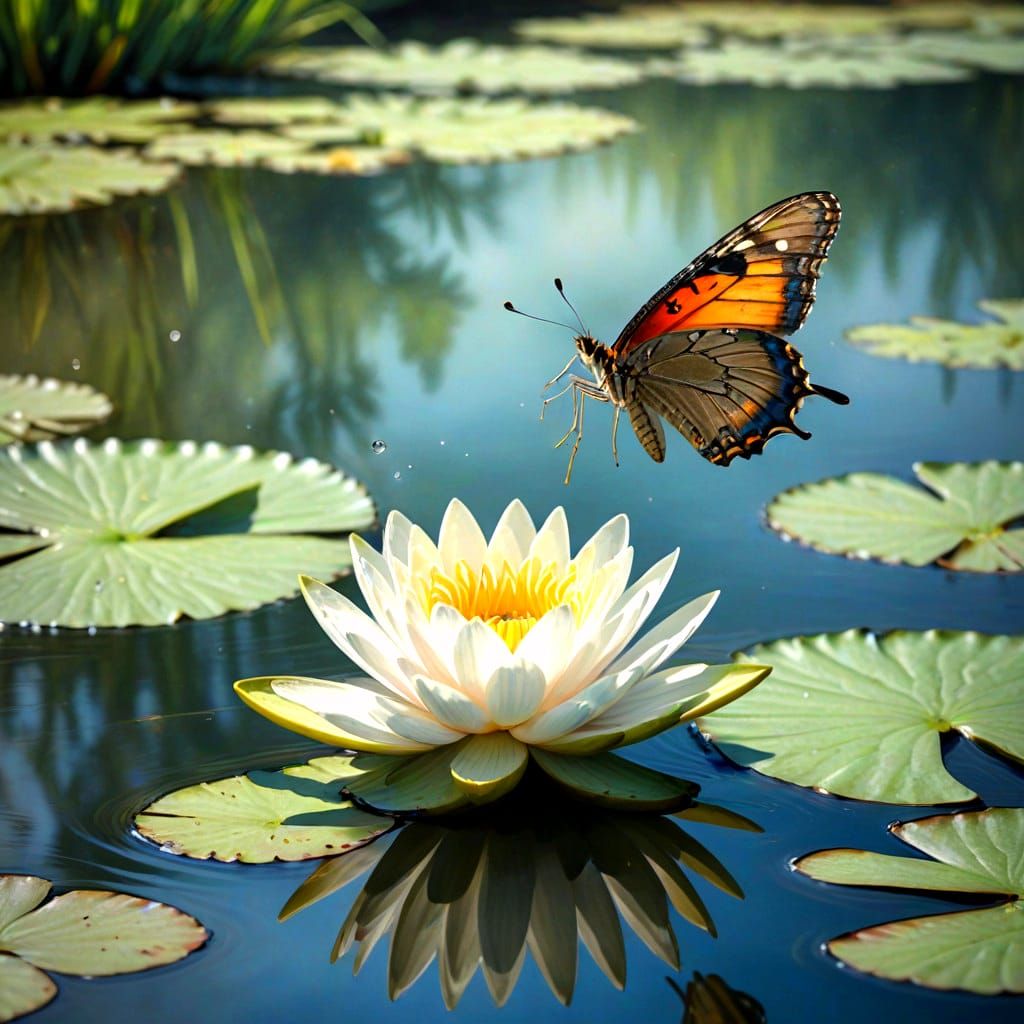 Impressionist Watercolor of Butterfly Alighting on Waterlily...