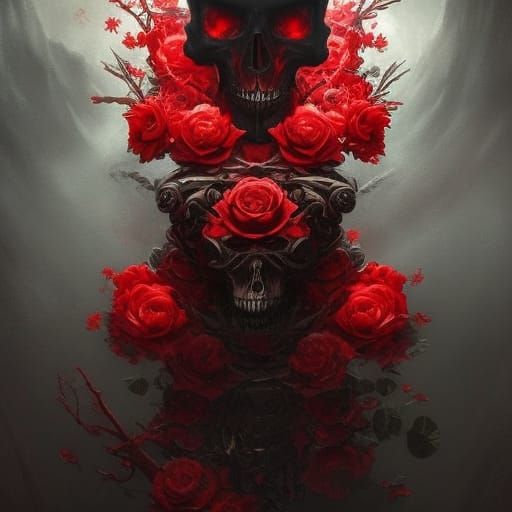 Creepy Skull and Roses Dark Fantasy Art