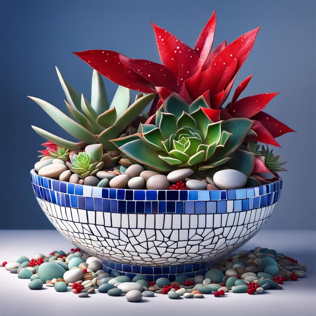 Mosaic Bowl with Succulents in Splash Art Style