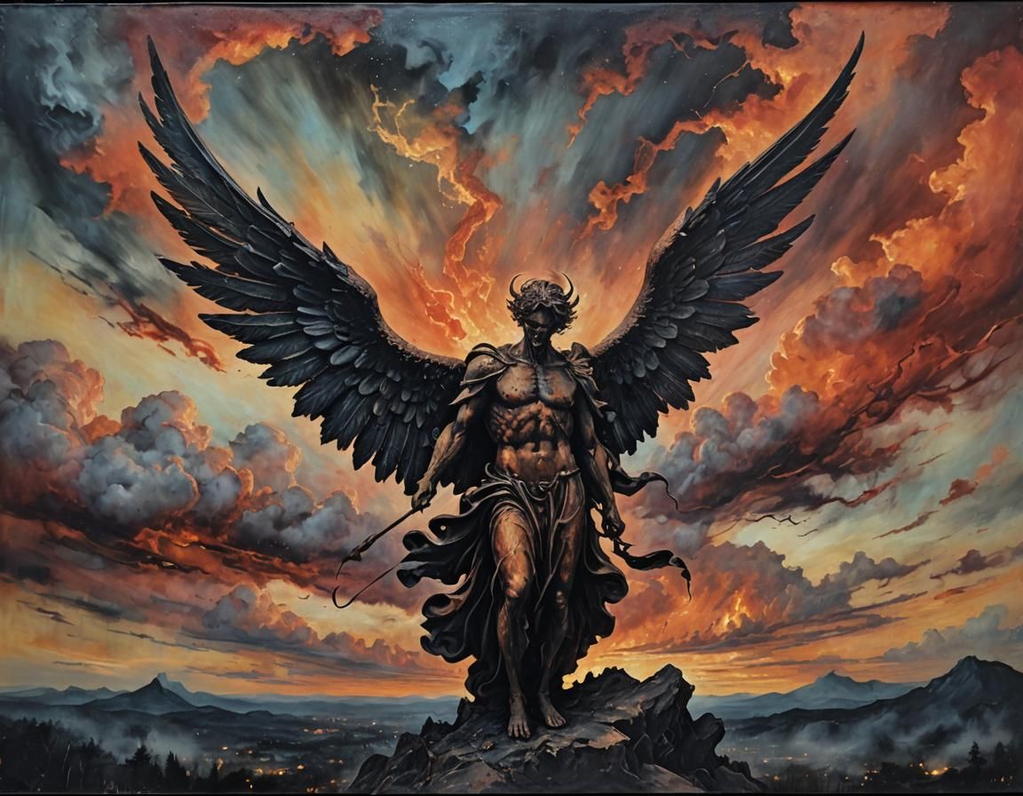 Fallen Angel in Encaustic Style Against Fiery Sky