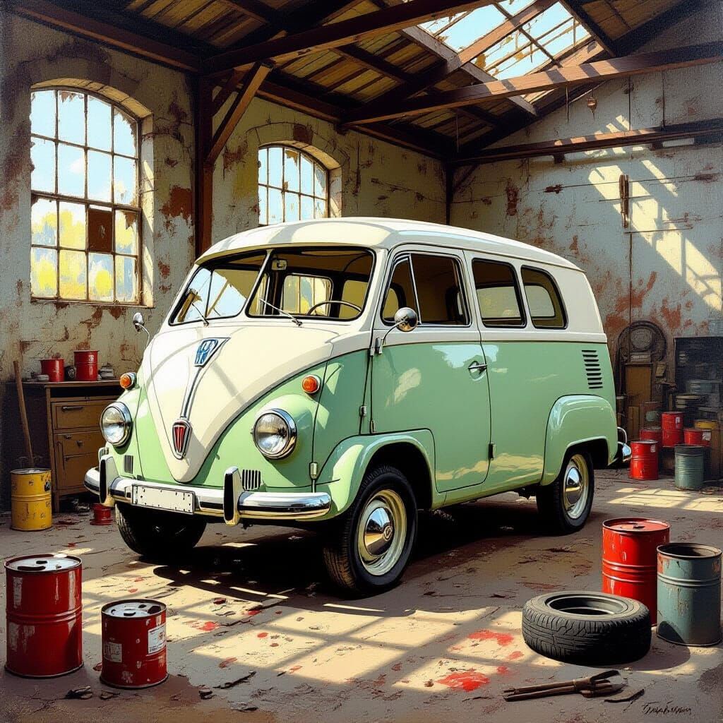 Vintage Fiat 500 Bus in Abandoned Workshop Oil Painting
