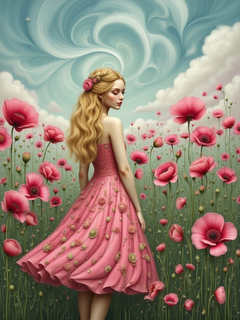 Woman in Pink Dress Walks Through Poppy Field