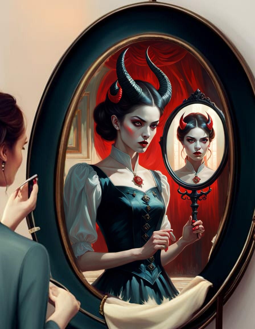 Terrifying Devil Woman in Mirror, Digital Fantasy Art