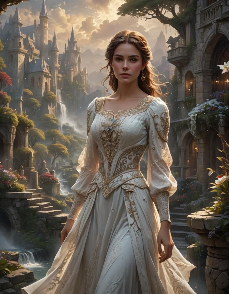 Ethereal Woman in Calligraphy Dress: Digital Matte Painting