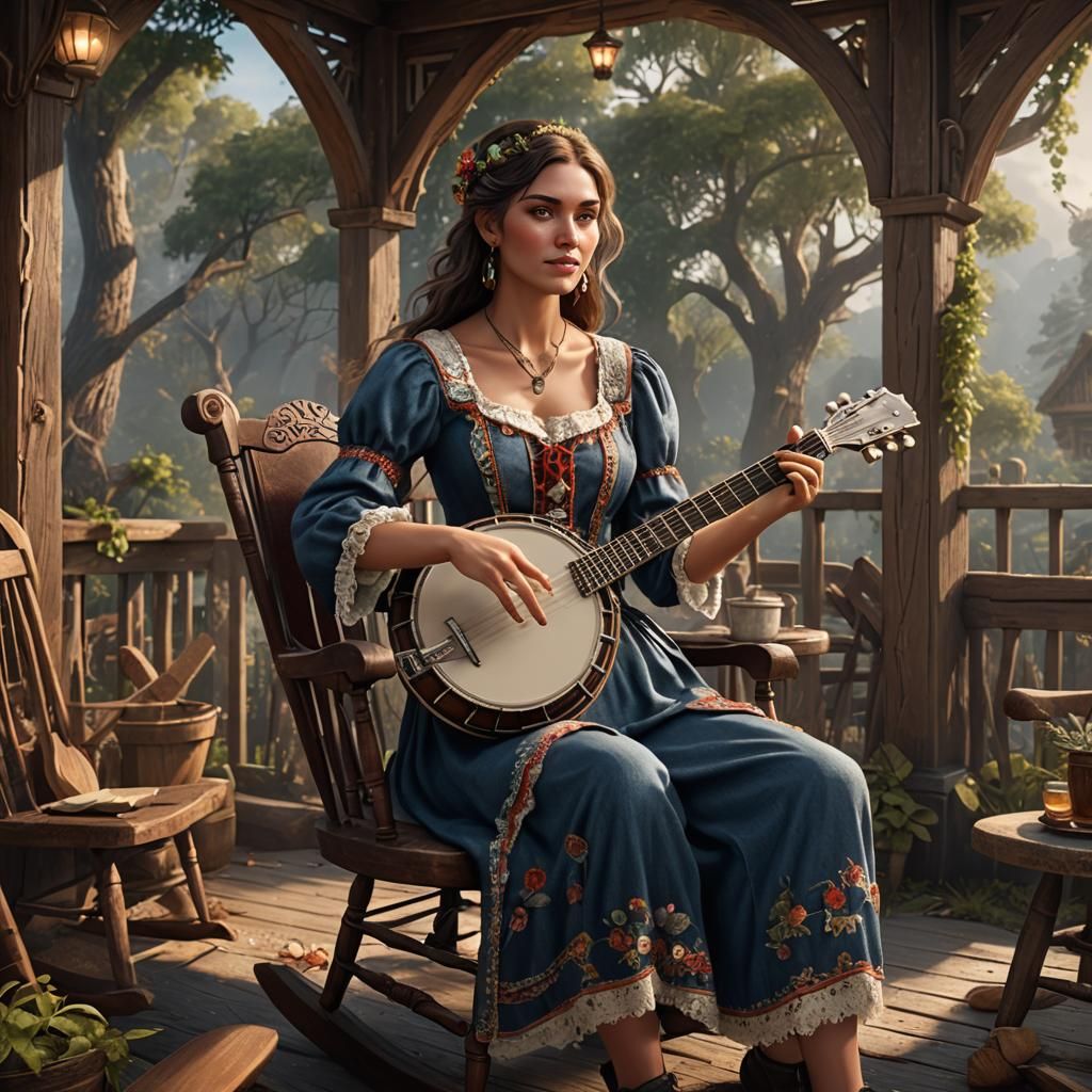 Young Woman Playing Banjo: Detailed Matte Painting