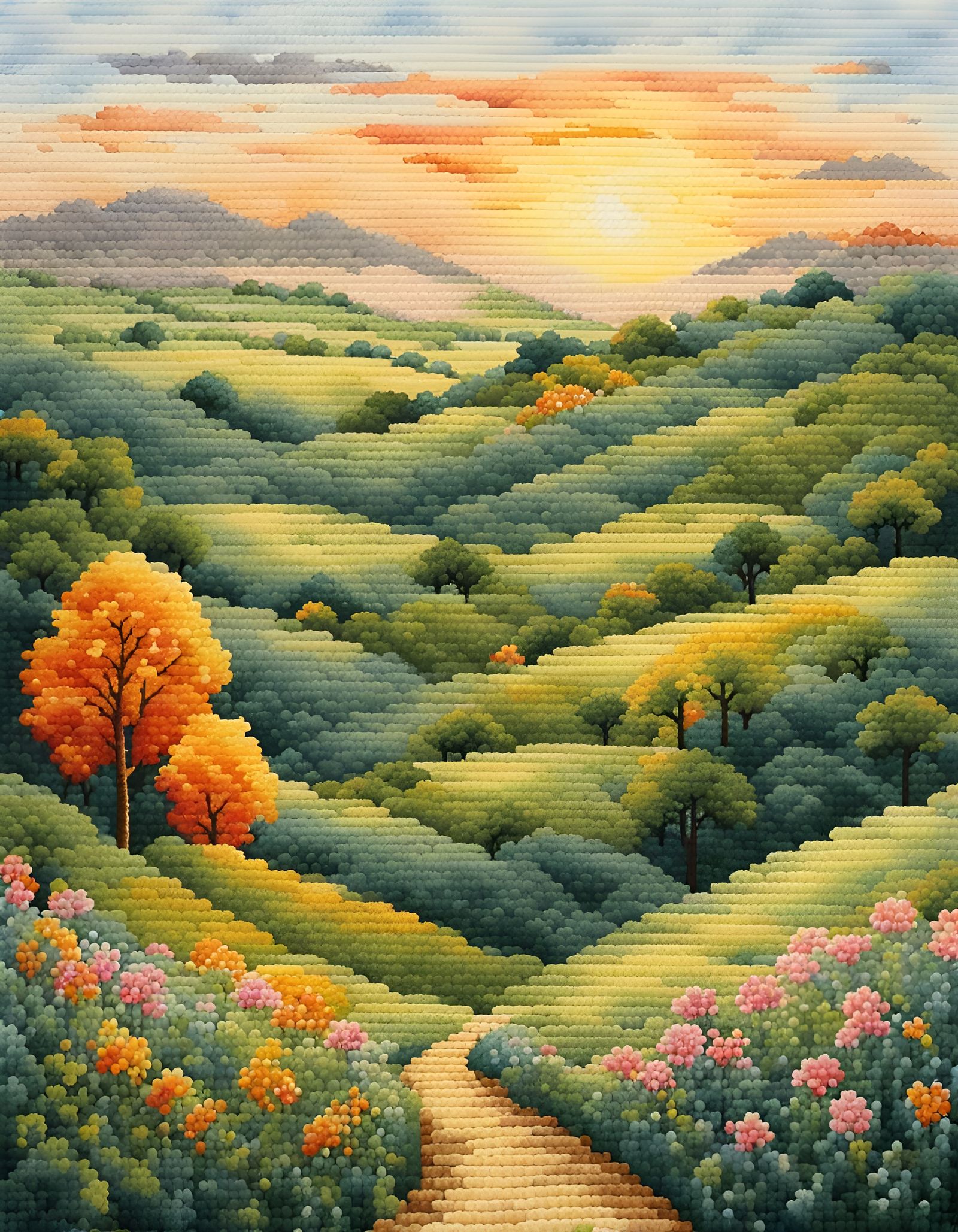 Cotswold Hills Sunrise: Cross Stitch Illustration