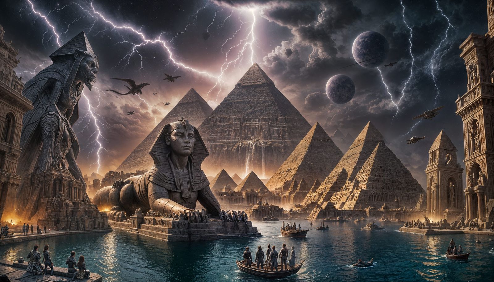 Flooded Sphinx and Pyramids in Dark Fantasy Style