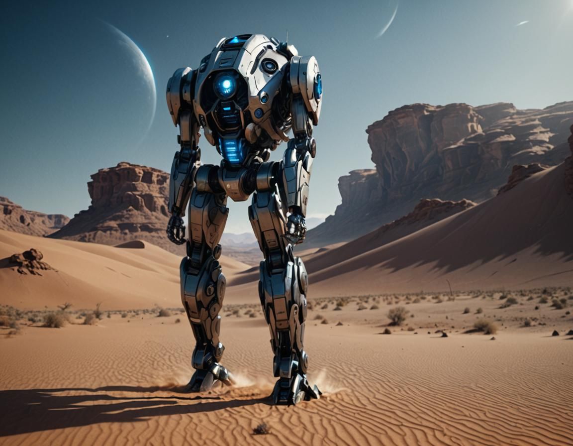 Bipedal Robot Walks Through Desert Warscape