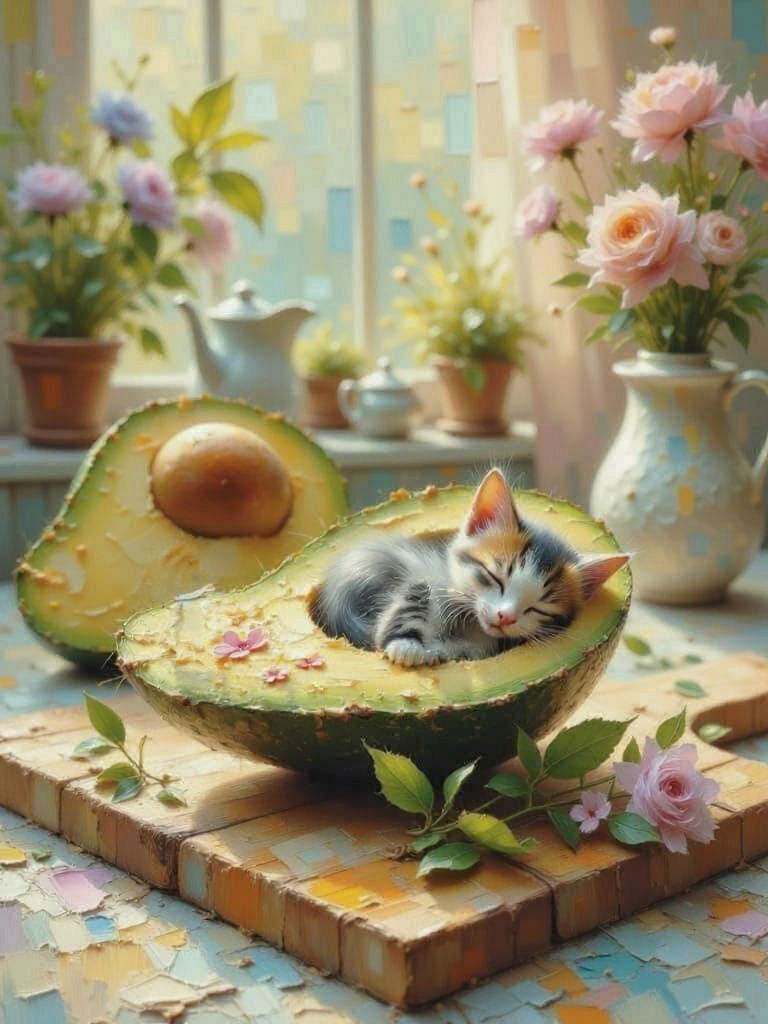Tiny Kitten Sleeps in Avocado Half, Impasto Painting