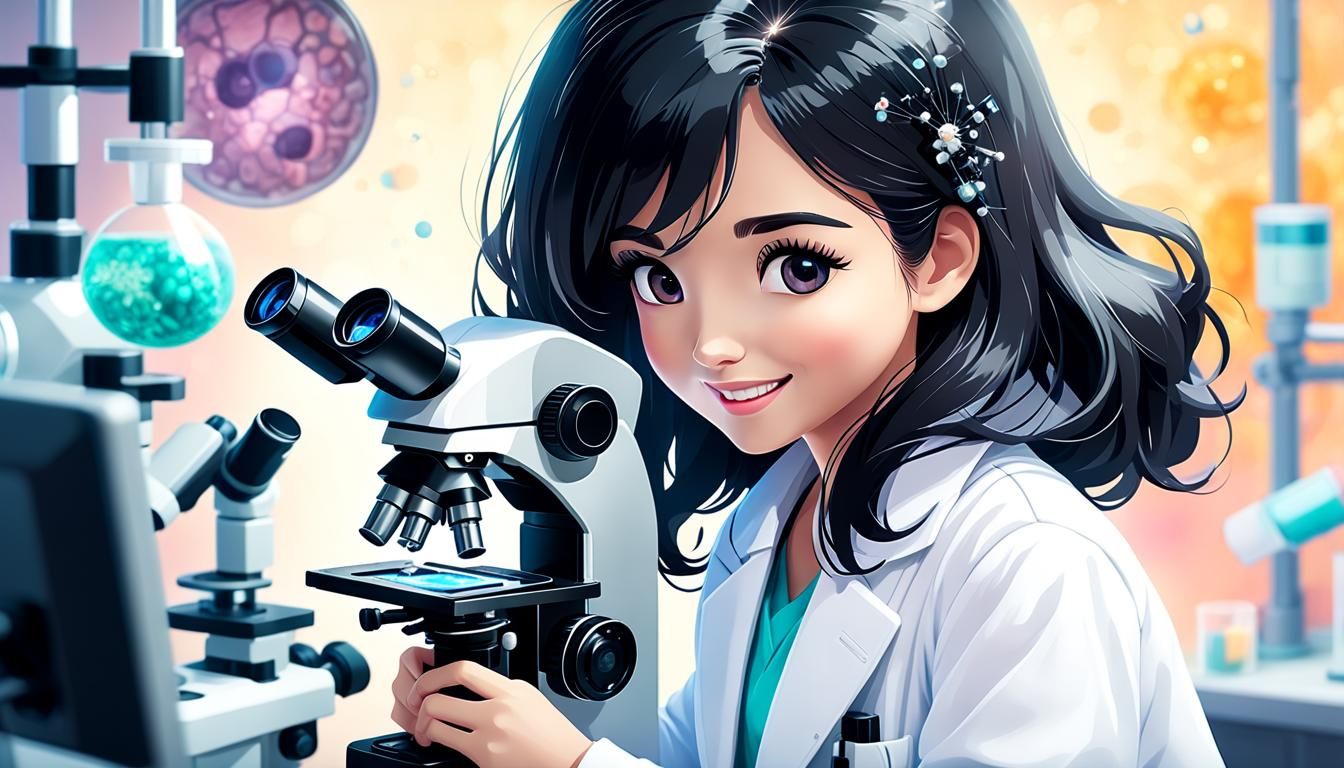 Brain Histology: Woman with Microscope in Hyper-Realism