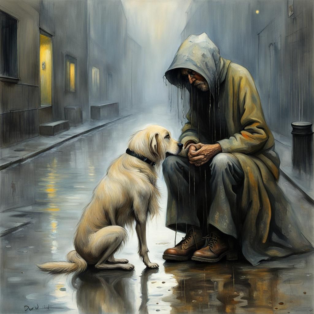 Beggar and Dog: Expressionist Street Scene