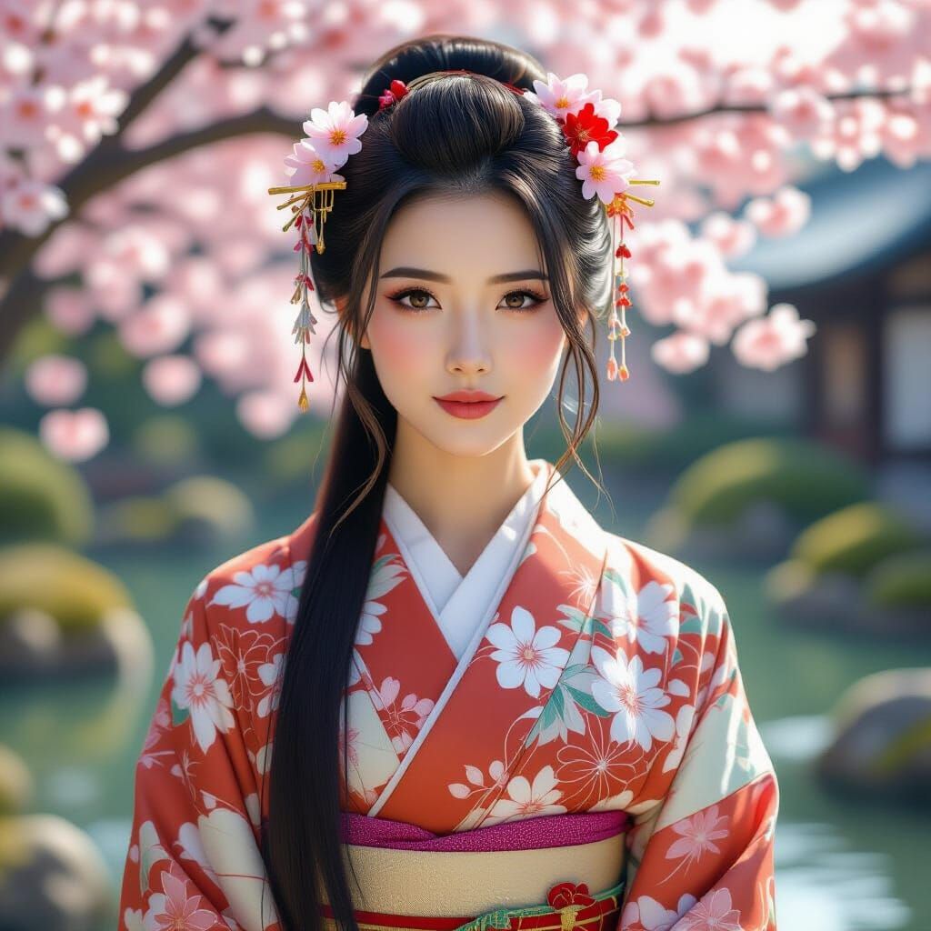 Serene Japanese Woman in Tea Garden, Photorealistic