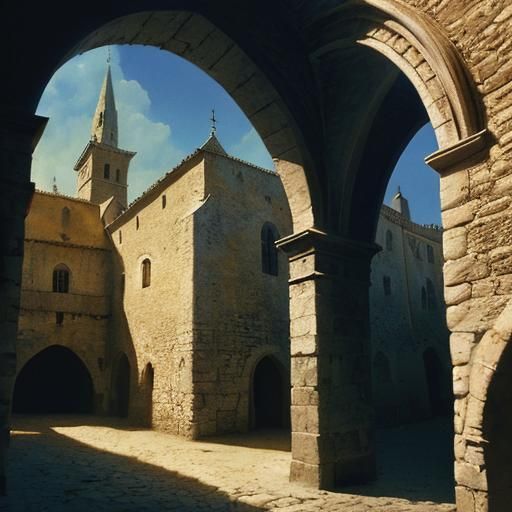 Medieval French Village Scene in Golden Hour Lighting