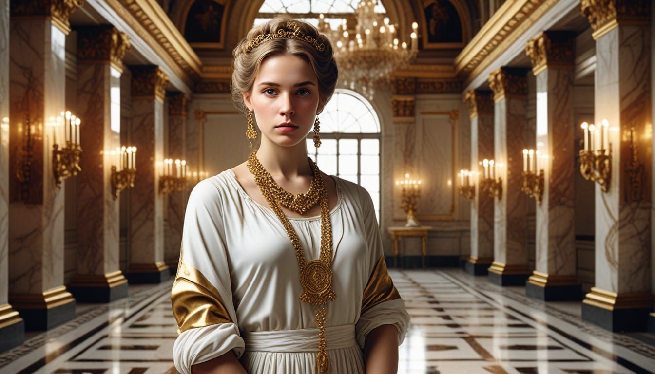 Elegant Woman in Marble Hall, Inspired by Neoclassical Maste...