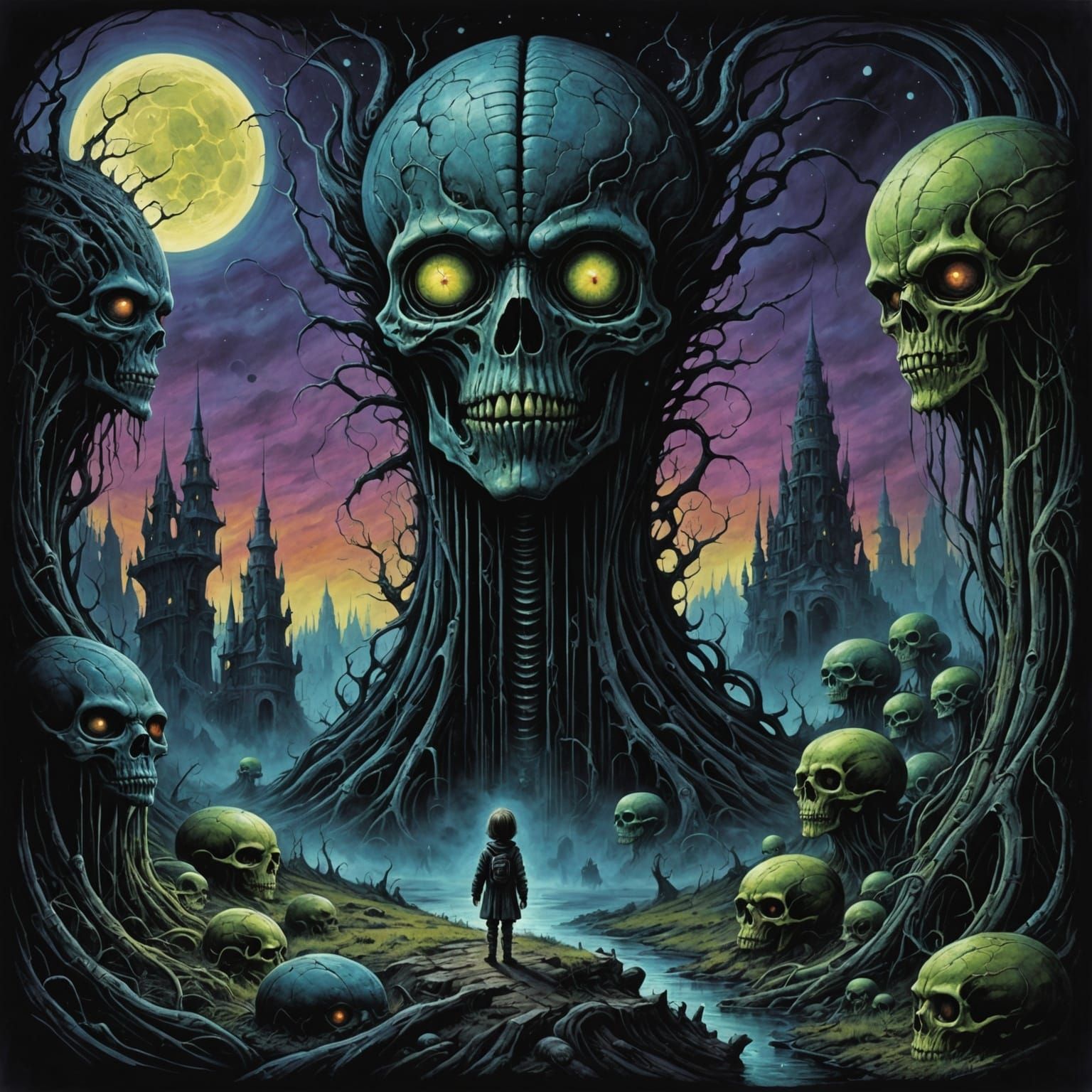 Vibrant Crayon Drawing of Dark Fantastical Scene