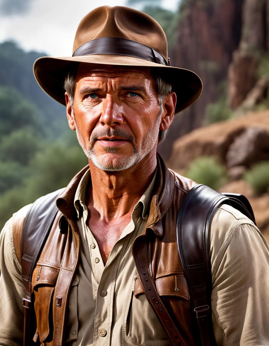 Harrison Ford as Indiana Jones: Hyperrealistic 64K Portrait