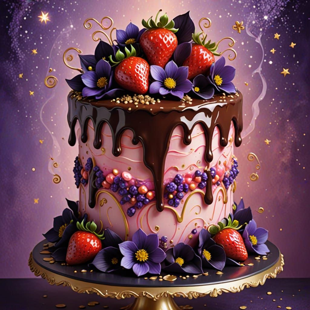 Floating Strawberry Cake with Chocolate Glaze in Fantasy Art