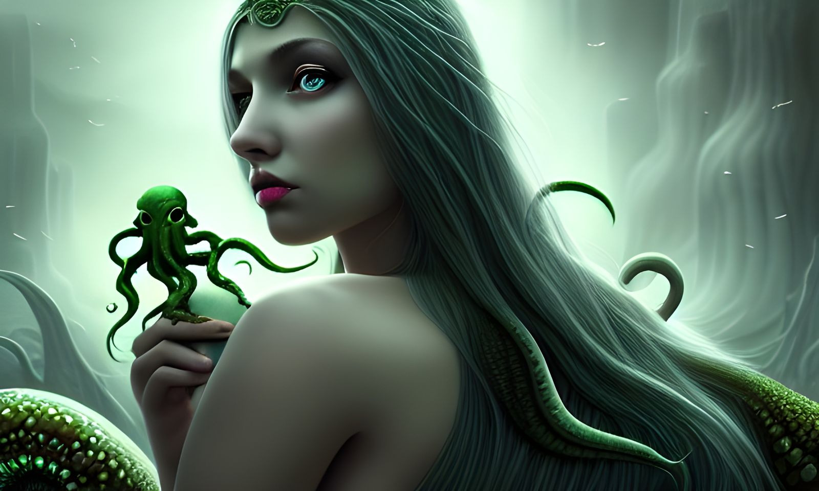 Fairy Guarding Cthulhu in Dystopian Landscape