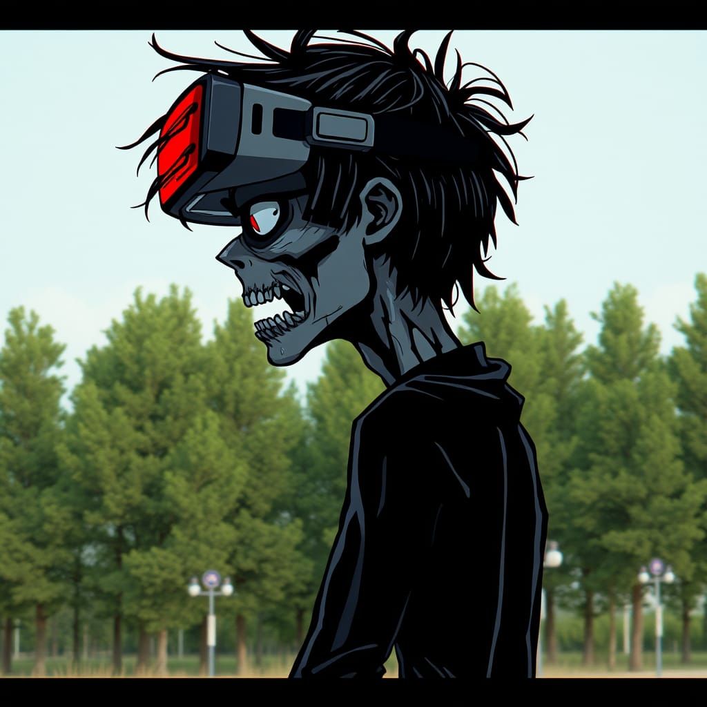 Manga Zombie in VR Glasses with Glitch Effect